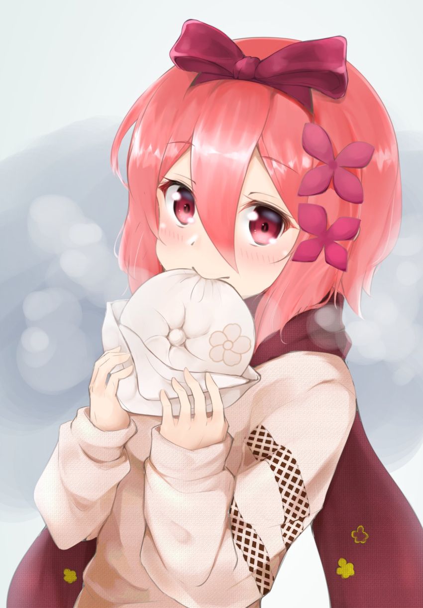 1girl, alternate_costume, baozi, blush, bow_hairband, eating, food, hair_between_eyes