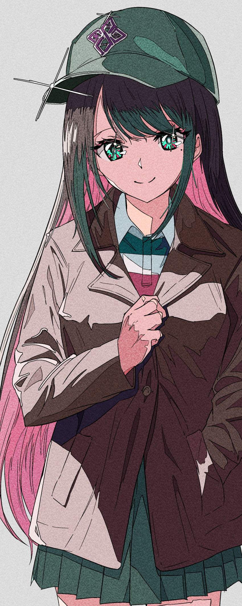 1girl, absurdres, alternate_hair_color, alternate_hairstyle, baseball_cap, brown_jacket, buttons, closed_mouth
