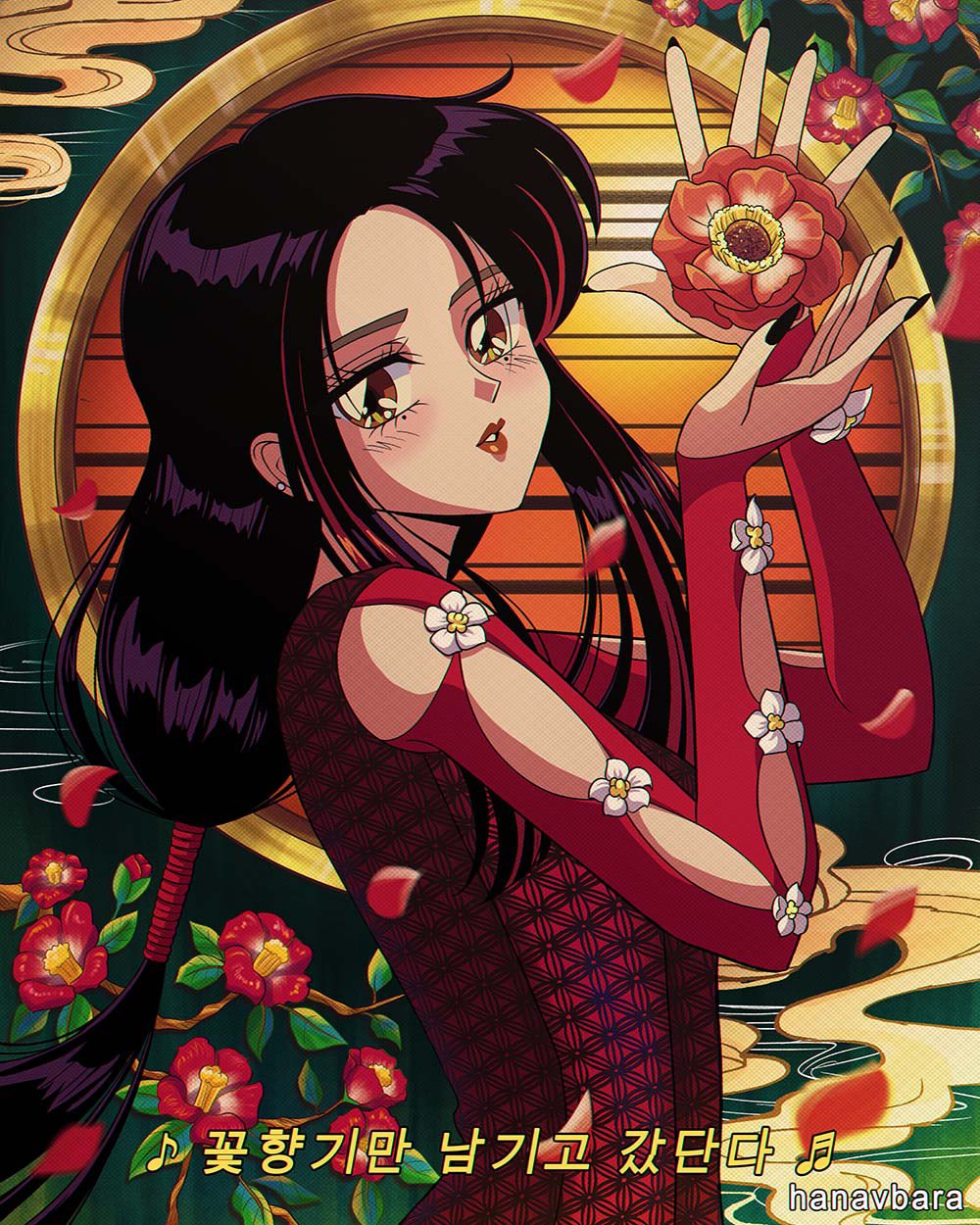 1girl, animification, arm_cutout, artist_name, black_hair, blackpink, clouds, dress