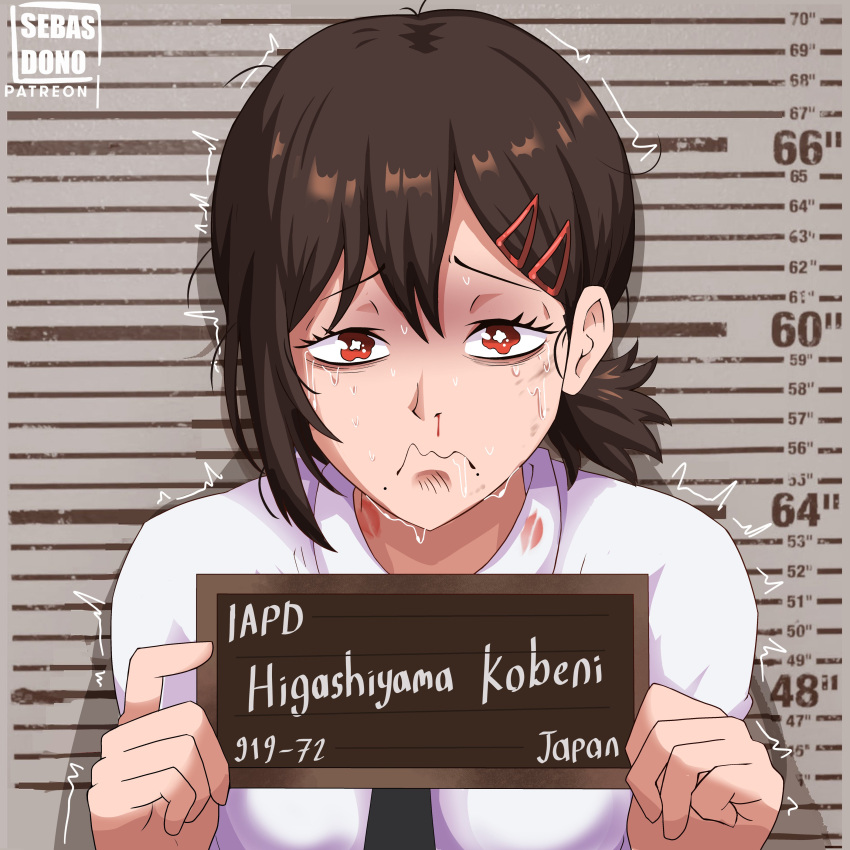 1girl, absurdres, artist_name, barbie_(live_action), barbie_mugshot_(meme), black_necktie, brown_hair, chainsaw_man