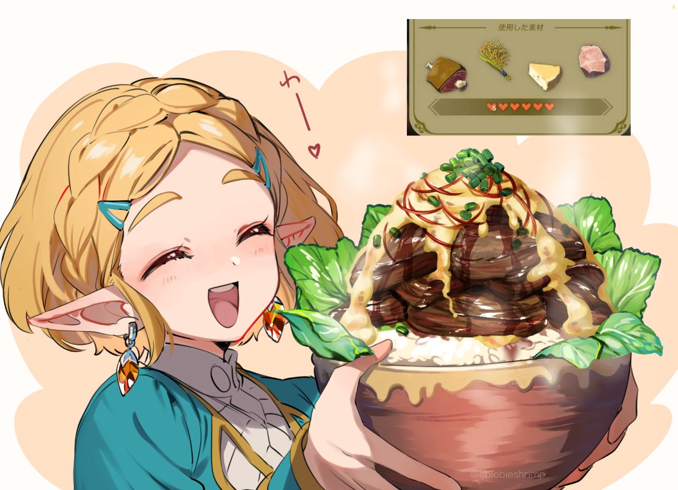 1girl, blonde_hair, blue_jacket, blush, bowl, braid, cheese, closed_eyes