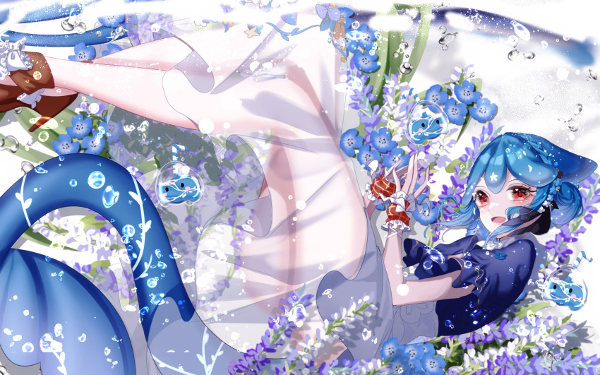 absurdres, aoitenziku, bao_(vtuber), blue_flower, blue_hair, bow, bowtie, dress