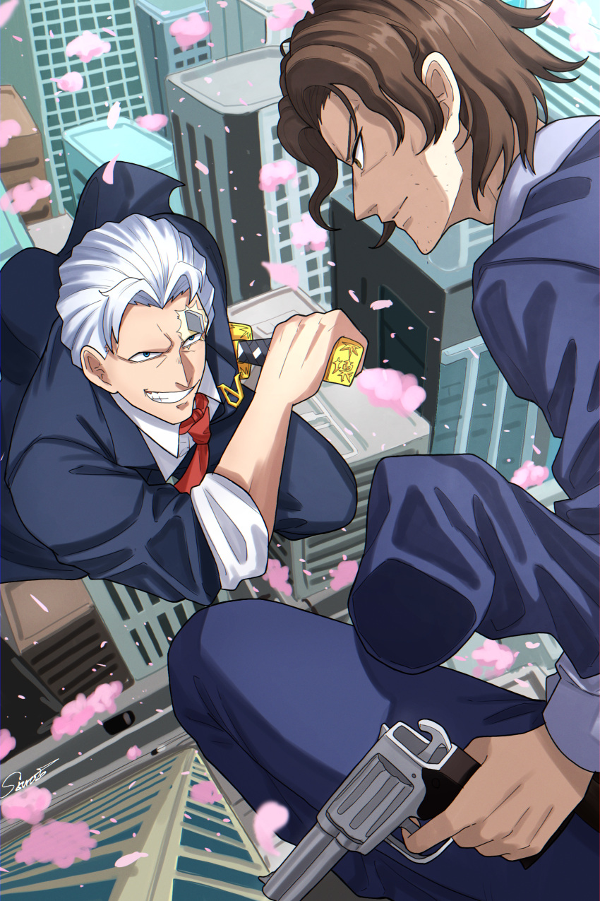 2boys, absurdres, andy_(undead_unluck), artist_name, billy_alfred, blue_eyes, brown_eyes, brown_hair
