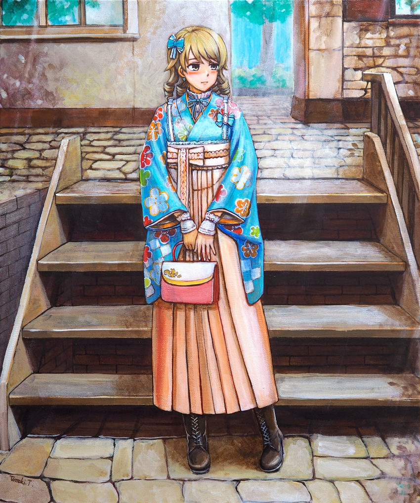 alternate_costume, bag, blonde_hair, blue_kimono, blush, boots, bow, brown_eyes