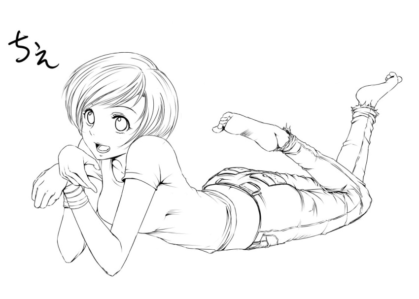jeans, lineart, monochrome, persona, persona_4, satonaka_chie, skinny_jeans, solo