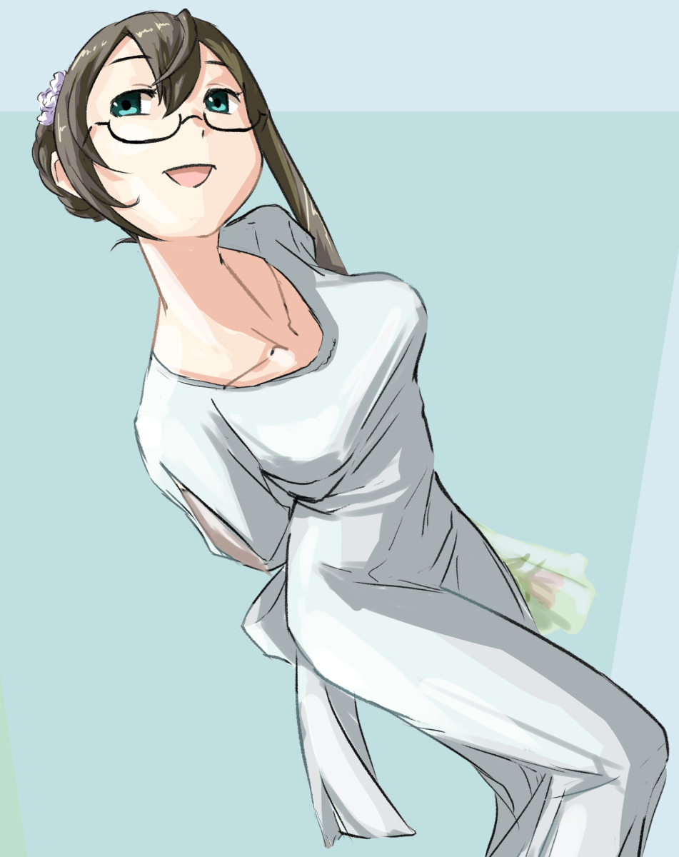 1girl, arms_behind_back, black_hair, breasts, dress, feet_out_of_frame, green_eyes, hair_between_eyes, hair_bun, highres, kantai_collection, long_hair, medium_breasts, megakura_kinshi, official_alternate_costume, official_alternate_hairstyle, ooyodo_(kancolle), semi-rimless_eyewear, single_sidelock, solo, under-rim_eyewear, white_dress