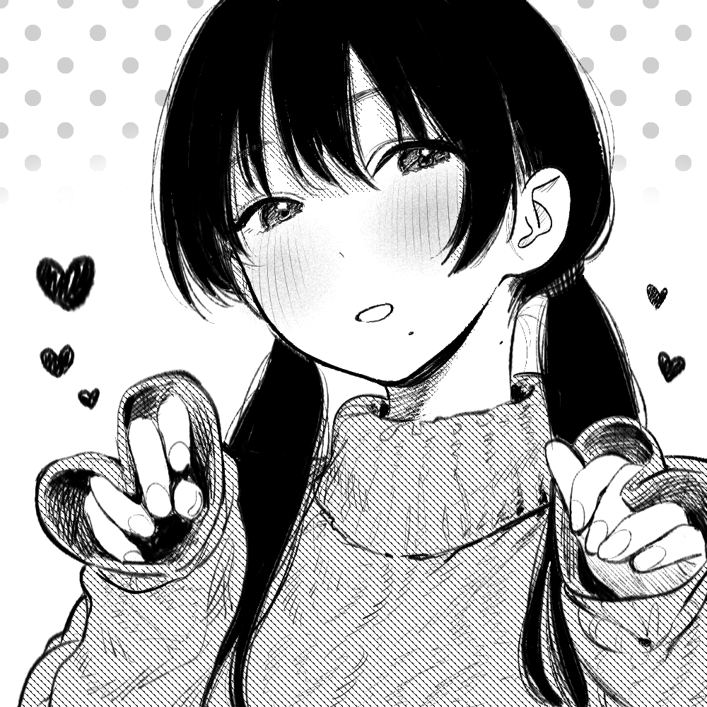 1girl, blush, commentary, greyscale, grin, hair_over_shoulder, half-closed_eyes, hands_up