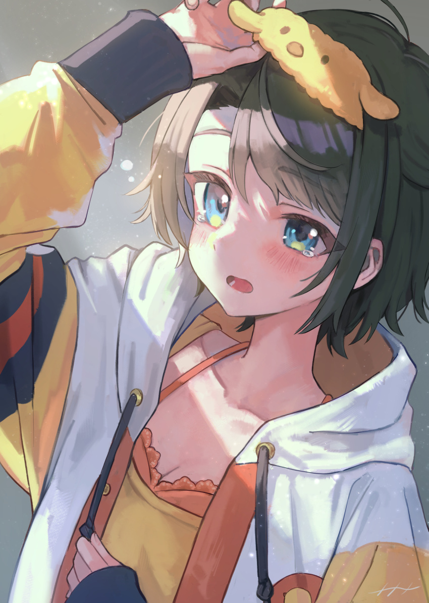1girl, aqua_eyes, black_hair, blush, camisole, casual, collarbone, highres