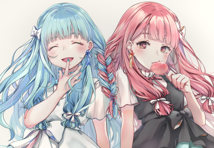 2girls, absurdres, alpaca_opo, black_dress, blue_hair, blue_nails, blue_ribbon, blunt_bangs