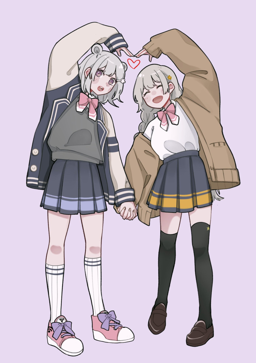 2girls, alpaca_opo, alternate_costume, black_skirt, black_thighhighs, bow, bowtie, braid