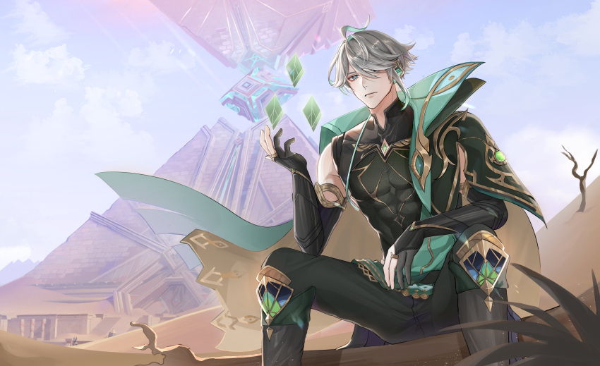 1boy, absurdres, ahoge, alhaitham_(genshin_impact), bare_shoulders, bare_tree, black_gloves, black_pants
