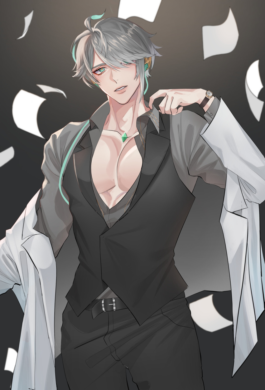 1boy, absurdres, ahoge, alhaitham_(genshin_impact), belt, belt_buckle, black_background, black_belt