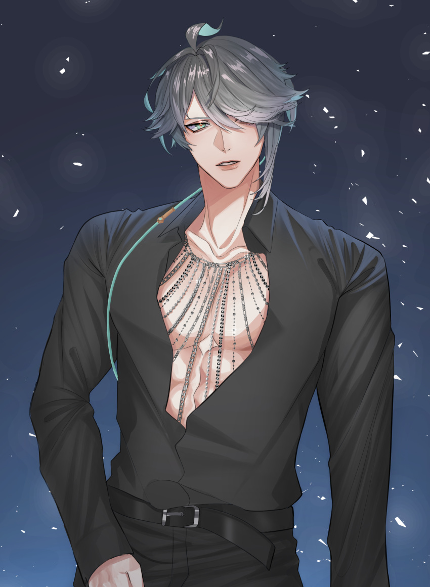 1boy, absurdres, ahoge, alhaitham_(genshin_impact), belt, belt_buckle, black_belt, black_pants
