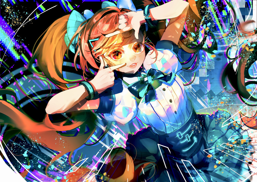 1girl, absurdres, arms_up, black_bow, black_bowtie, bow, bowtie, bracelet