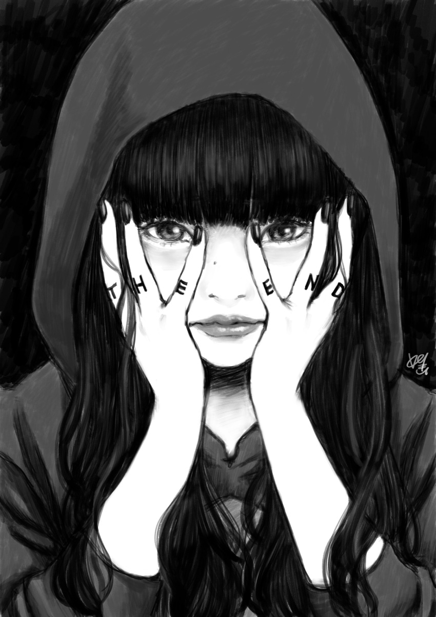 1girl, archived_source, blunt_bangs, body_writing, expressionless, greyscale, hands_on_own_face, highres