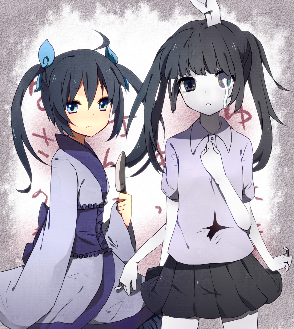 bad_id, black_hair, crossover, extra_arms, houchou-san_no_uwasa, knife, monoko, multiple_girls