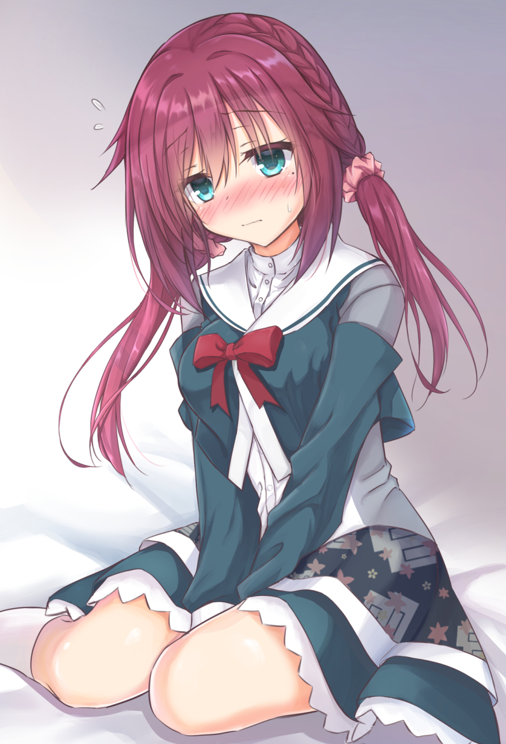 1girl, alternate_costume, alternate_hairstyle, aqua_eyes, aqua_jacket, aqua_skirt, bed_sheet, between_legs