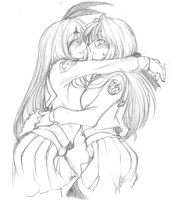 blush, keshin, long_hair, multiple_girls, skirt, thighhighs, uniform, yuri