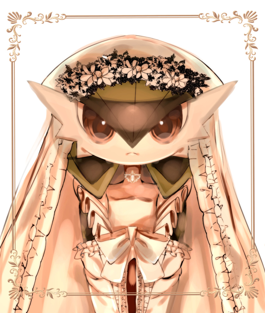 1girl, bob_cut, bow, bridal_veil, bride, choker, closed_mouth, collarbone, colored_skin, commentary, detached_sleeves, dress, flat_chest, flower, frilled_dress, frilled_sleeves, frills, gardevoir, green_hair, green_skin, hair_between_eyes, highres, long_sleeves, looking_at_viewer, multicolored_skin, outside_border, pokemon, pokemon_(creature), red_eyes, short_hair, simple_background, sleeveless, sleeveless_dress, solo, split_mouth, standing, straight-on, tensaitou_tou, two-tone_skin, upper_body, veil, wedding_dress, white_background, white_bow, white_choker, white_dress, white_flower, white_skin, white_sleeves