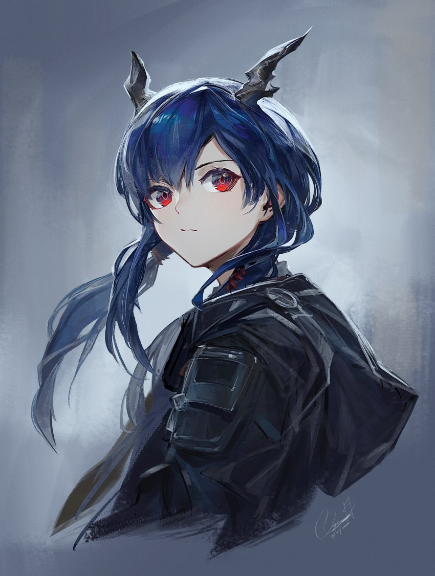 1girl, arknights, black_jacket, blue_hair, ch'en_(arknights), clarenceman0605, closed_mouth, cropped_torso, dated, frown, highres, hood, hood_down, hooded_jacket, horns, jacket, long_hair, long_sleeves, looking_to_the_side, red_eyes, signature, solo, twintails, upper_body, walkie-talkie