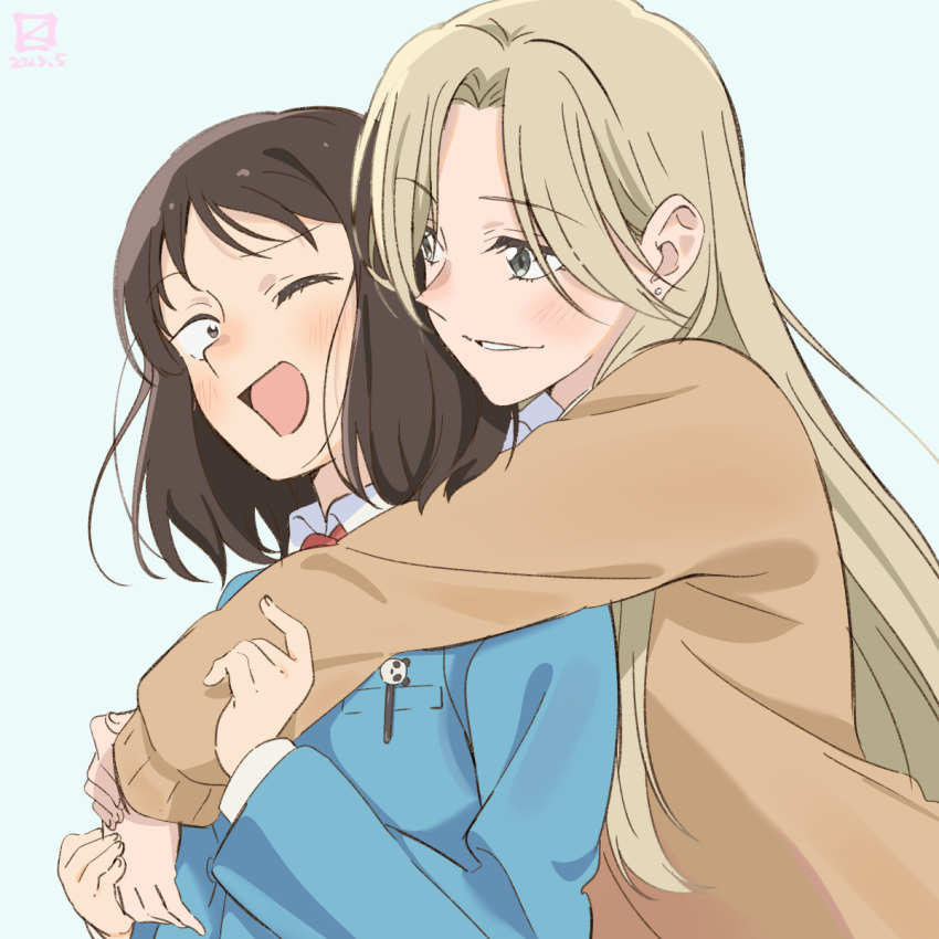2girls, ;d, artist_logo, blazer, blonde_hair, blue_jacket, blush, brown_eyes