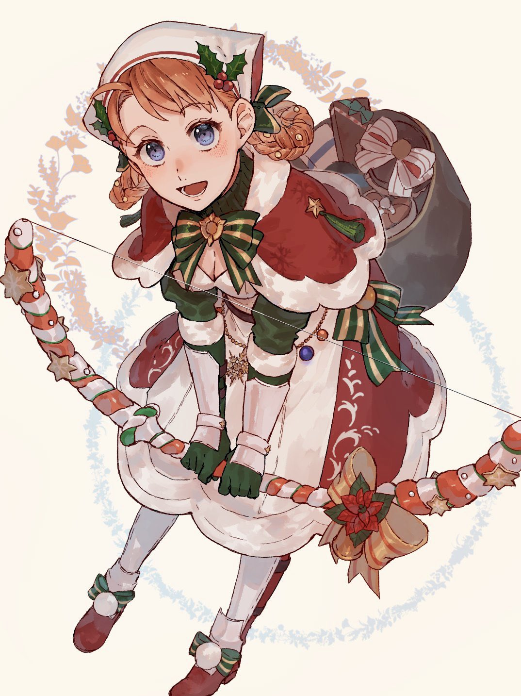 1girl, abinosu0903, ahoge, annette_fantine_dominic, annette_fantine_dominic_(winter), blue_eyes, blush, bow, bow_(weapon), bowtie, candy, candy_cane, capelet, christmas, commentary_request, dress, elbow_gloves, fire_emblem, fire_emblem:_three_houses, fire_emblem_heroes, fire_emblem_warriors:_three_hopes, flower, food, fur-trimmed_capelet, fur-trimmed_dress, fur_trim, gloves, green_bow, green_bowtie, green_gloves, highres, holding, holding_bow_(weapon), holding_weapon, looking_at_viewer, official_alternate_costume, official_alternate_hairstyle, open_mouth, orange_hair, pom_pom_(clothes), red_capelet, red_flower, red_footwear, sack, shoes, smile, solo, turtleneck, weapon