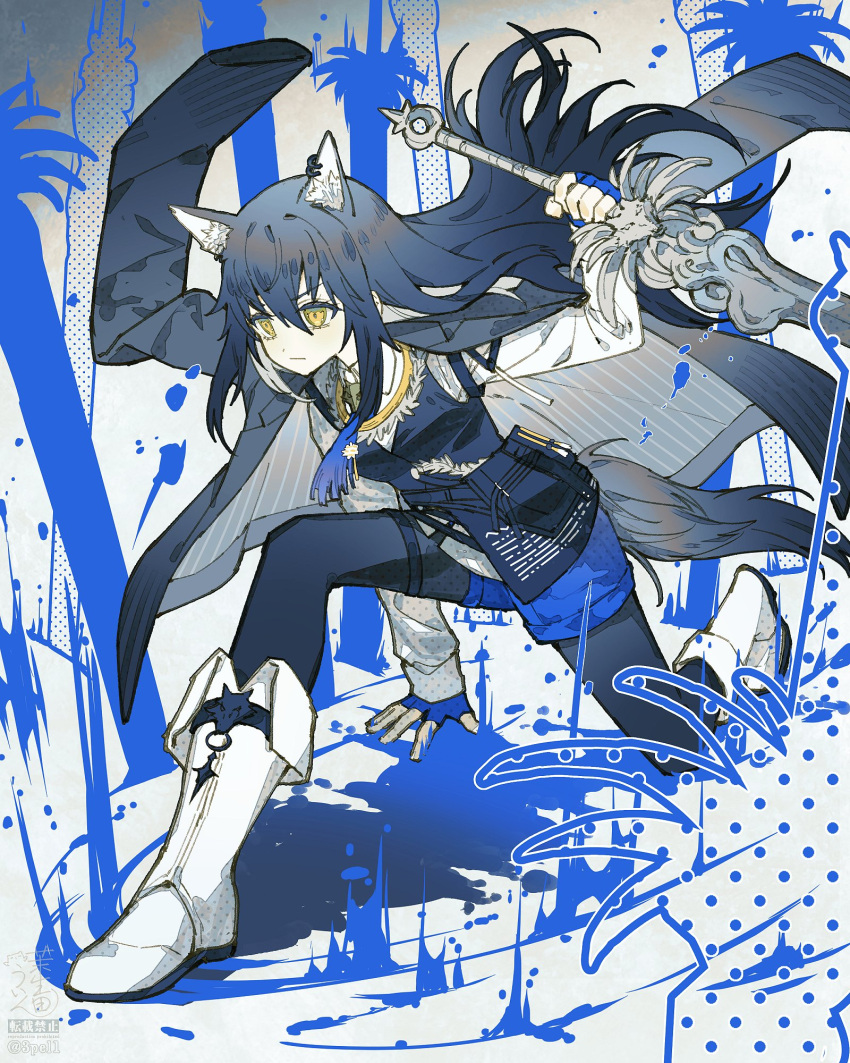 1girl, 3pel1, animal_ears, arknights, arm_support, ascot, black_coat, black_hair