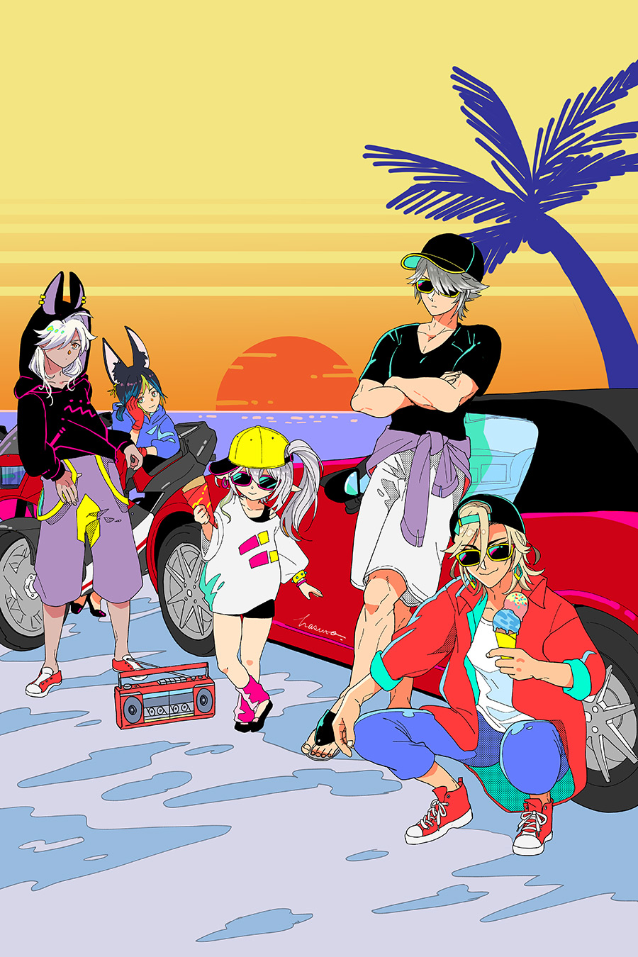 1girl, 4boys, alhaitham_(genshin_impact), alternate_costume, animal_ear_fluff, animal_hood, backwards_hat, baseball_cap