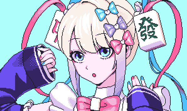 1girl, :o, aqua_background, blue_bow, blue_eyes, blue_hair, blue_nails, bow, chouzetsusaikawa_tenshi-chan, close-up, cosplay, detached_sleeves, eencya, eyeshadow, hair_bow, kousoku_kaisen_wa_hikari_usagi_no_yume_wo_miru_ka?, long_hair, mahjong_tile_hair_ornament, makeup, multicolored_hair, multicolored_nails, multiple_hair_bows, needy_girl_overdose, open_mouth, pink_bow, pink_hair, pink_nails, pixel_art, purple_bow, quad_tails, sleeves_past_wrists, solo, white_hair, yellow_nails