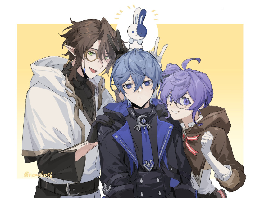 1girl, 2boys, ahoge, akabane_yu, animal, animal_on_head, belt, belt_buckle