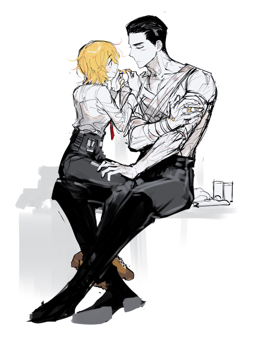 1boy, 1girl, bandaged_arm, bandaged_chest, bandages, bandaid, bandaid_on_hand, black_footwear