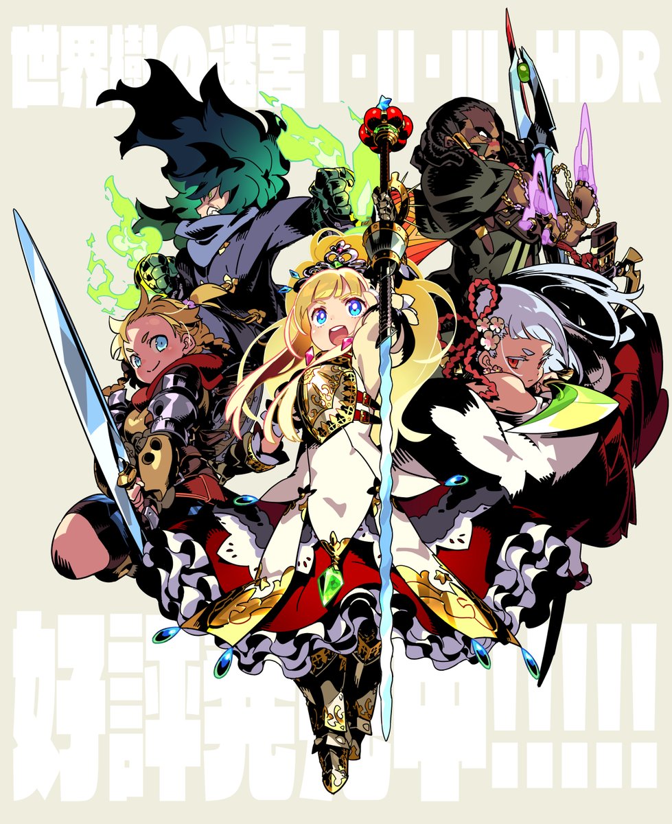 2boys, 3girls, alchemist_(sekaiju), alchemist_1_(sekaiju), armor, armored_dress, black_hair, blonde_hair