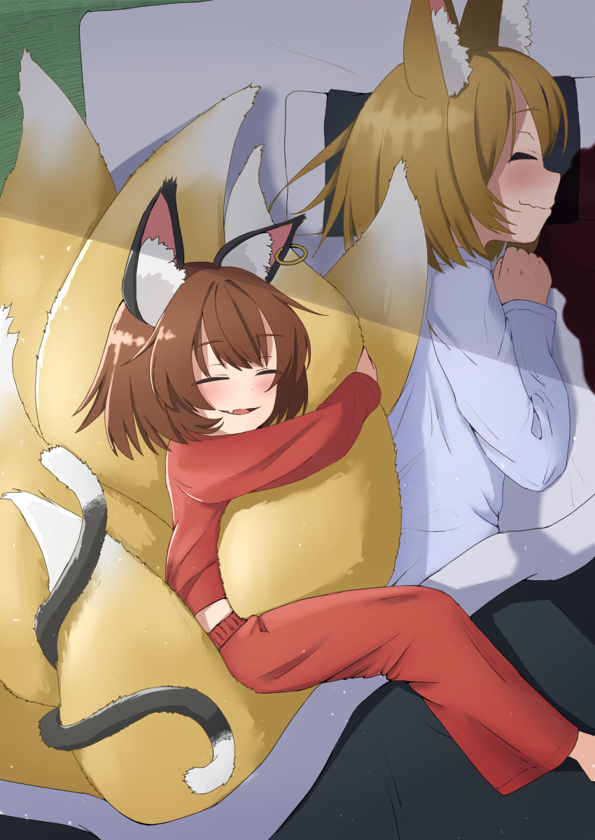 2girls, :d, absurdres, animal_ear_fluff, animal_ears, asakura_haru, blush, brown_hair