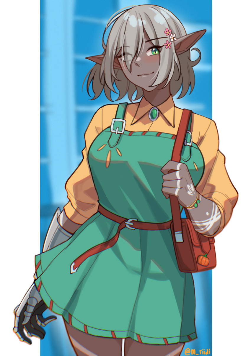 1girl, absurdres, armor, bag, belt, blush, breasts, brooch