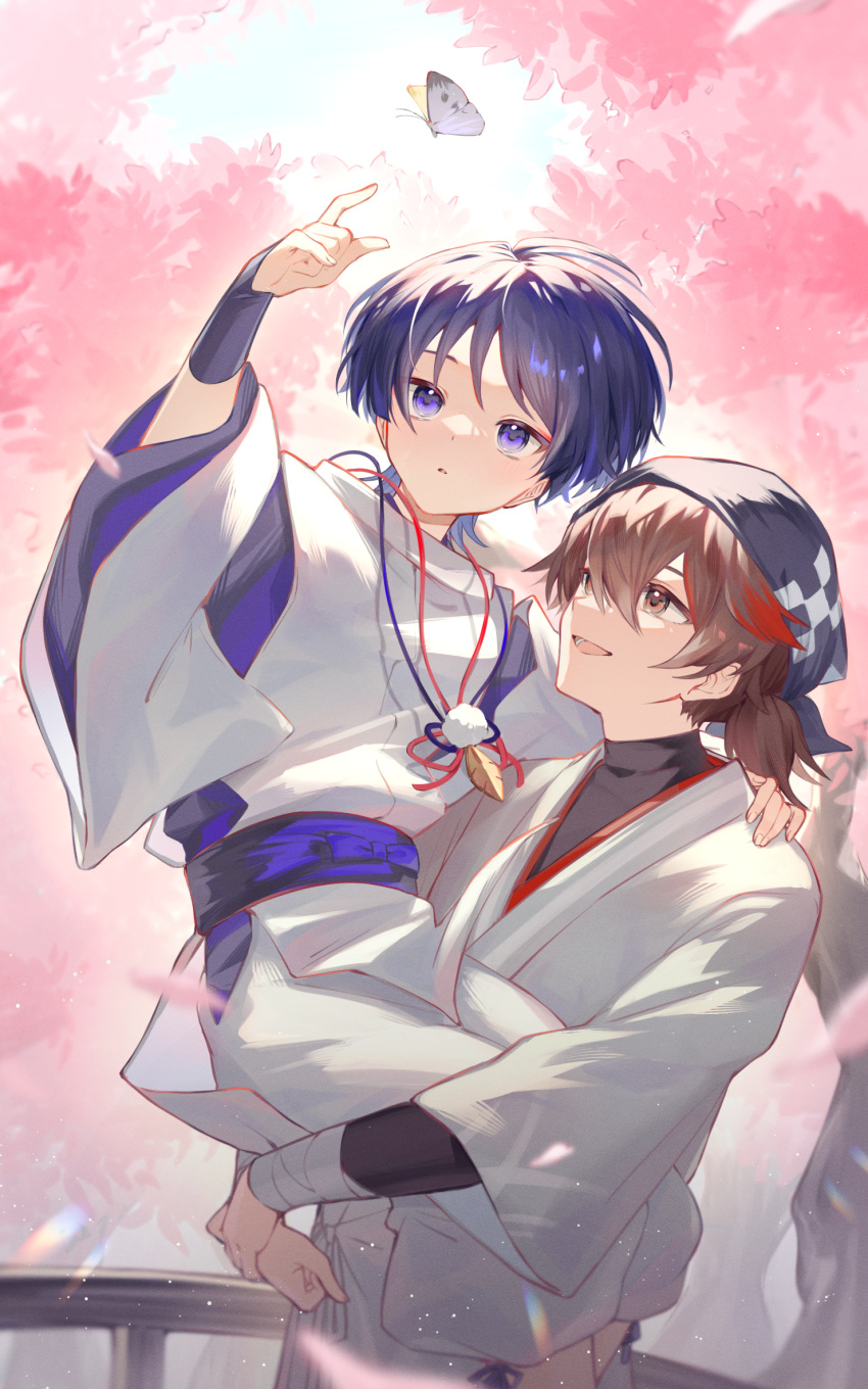 2boys, :d, :o, arm_up, armor, backlighting, bandaged_arm, bandages, bandana, black_bandana, black_ribbon, black_shirt, blush, brown_eyes, brown_hair, bug, butterfly, carrying, cherry_blossoms, detached_sleeves, eyeshadow, genshin_impact, hair_between_eyes, highres, japanese_armor, japanese_clothes, kimono, kote, kurokote, layered_sleeves, light_particles, long_sleeves, looking_up, low_ponytail, makeup, male_focus, medium_hair, mochimiya_(coyo), multicolored_hair, multiple_boys, niwa_(genshin_impact), obi, open_mouth, outdoors, pants, parted_bangs, parted_lips, petals, pom_pom_(clothes), ponytail, purple_butterfly, purple_hair, purple_sash, purple_shirt, red_eyeshadow, red_ribbon, redhead, ribbon, sash, scaramouche_(genshin_impact), scaramouche_(kabukimono)_(genshin_impact), shirt, short_hair, short_ponytail, sidelocks, smile, standing, sunlight, tree, undershirt, vest, violet_eyes, white_kimono, white_pants, white_vest, wide_sleeves