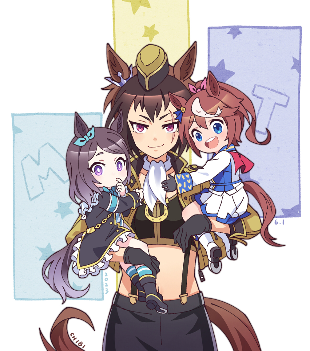 3girls, aged_down, alternate_hair_color, animal_ears, artist_name, ascot, black_coat, black_footwear