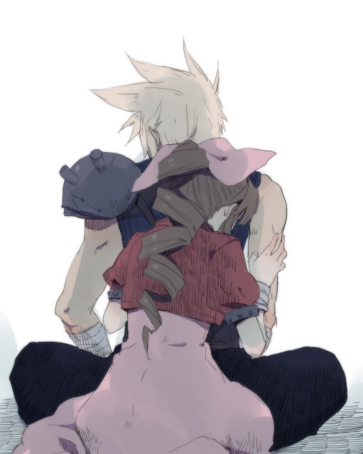 blonde_hair, brown_hair, cloud_strife, couple, cropped_jacket, dress, drill_hair, final_fantasy