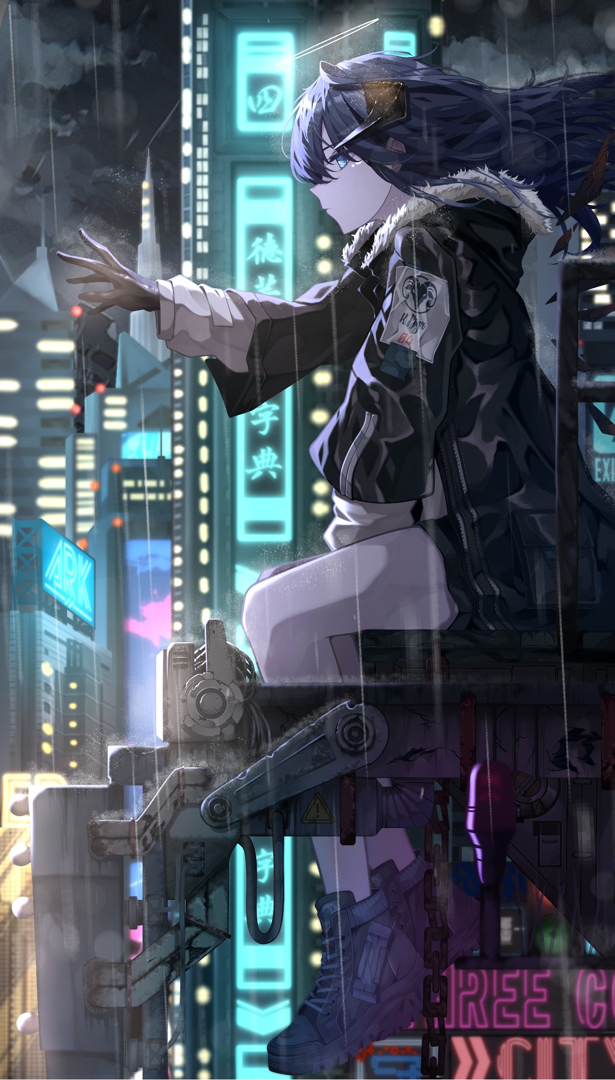 !, 1girl, arknights, black_footwear, black_gloves, black_jacket, black_shorts, blue_eyes