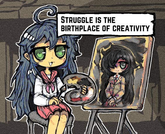 2girls, :3, ahoge, black_hair, blazer, blue_hair, closed_mouth, cropped_legs, easel, english_text, green_eyes, hair_over_one_eye, holding, holding_paintbrush, holding_palette, inawon, izumi_konata, jacket, kuroki_tomoko, legs_together, long_hair, lucky_star, mole, mole_under_eye, multiple_girls, neckerchief, necktie, no_pupils, open_mouth, outline, paintbrush, painting_(object), palette_(object), pink_neckerchief, pink_skirt, pleated_skirt, ribbon, ryouou_school_uniform, school_uniform, serafuku, shirt, sitting, skirt, smile, speech_bubble, stool, talking, triangle_mouth, upper_body, very_long_hair, watashi_ga_motenai_no_wa_dou_kangaetemo_omaera_ga_warui!, white_outline, white_shirt, yellow_skirt