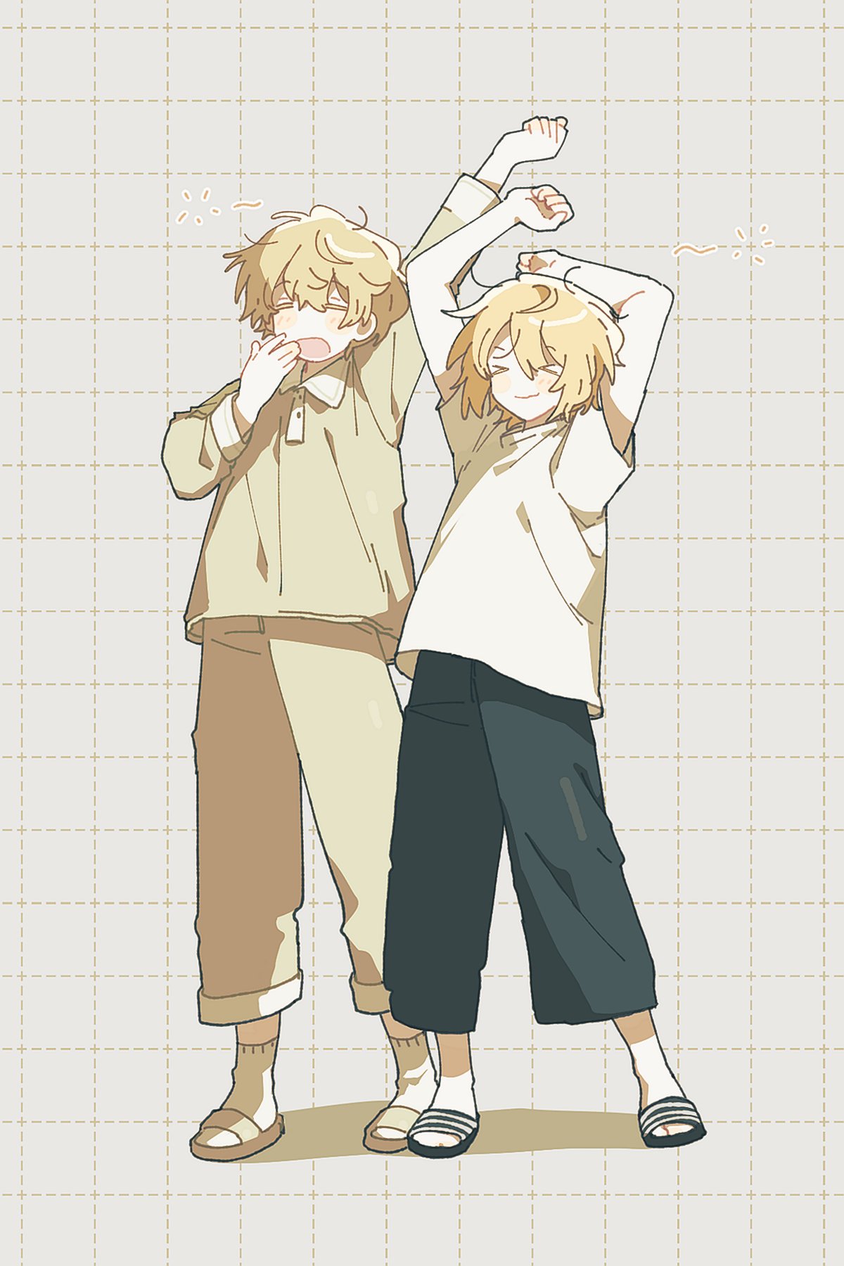>_<, 1boy, 1girl, alternate_costume, arm_up, arms_up, blonde_hair, casual, closed_eyes, closed_mouth, collared_shirt, don_quixote_(limbus_company), full_body, grid_background, hand_to_own_mouth, highres, korean_commentary, limbus_company, long_sleeves, messy_hair, n4me_m3m, open_mouth, pajamas, project_moon, shirt, short_hair, short_sleeves, simple_background, sinclair_(limbus_company), sleepy, slippers, socks, standing, stretching, white_background, white_shirt, white_socks, yawning