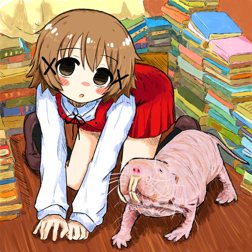 1girl, all_fours, animal, black_socks, book, book_stack, brown_eyes, brown_hair