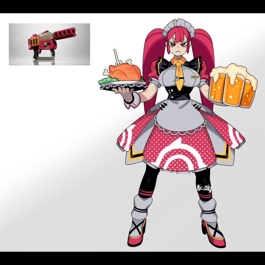 1girl, :<, alcohol, beer, beer_mug, black_eyes, black_pantyhose, breasts