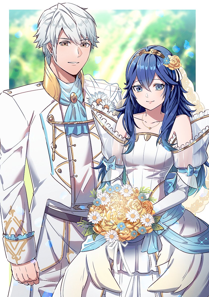 1boy, 1girl, ameno_(a_meno0), ascot, bare_shoulders, belt, blue_ascot, blue_eyes