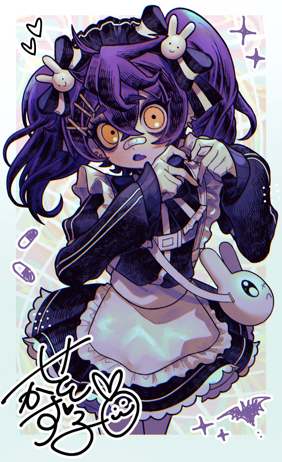 1girl, animal_bag, apron, bandaid, bandaid_on_face, bandaid_on_nose, black_bow, bow