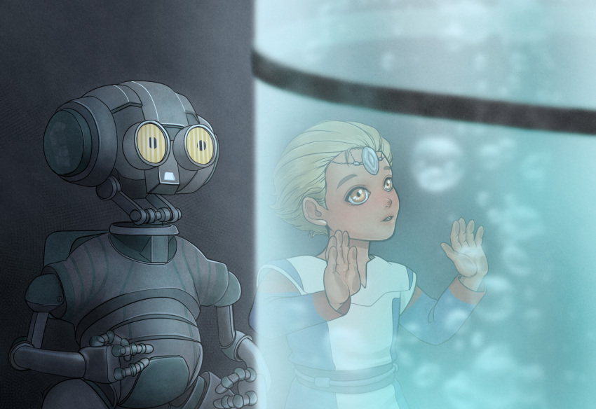1boy, 1girl, android, azi-3, blonde_hair, bubble, child, commentary_request, droid, flask, hand_on_glass, highres, jewelry, junchan_nyan, kamino_(planet), laboratory, omega_(star_wars), robot, science_fiction, scientist, star_wars, star_wars:_the_bad_batch, uniform, yellow_eyes