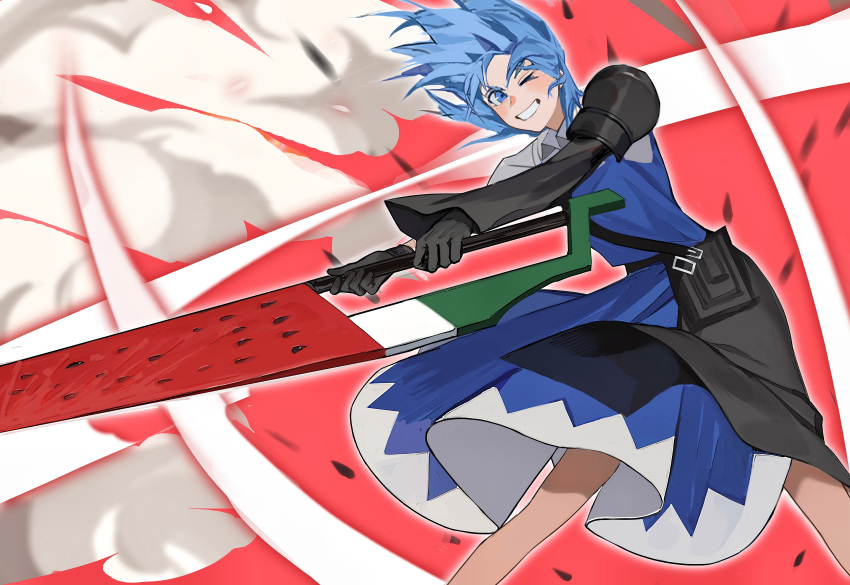 1girl, absurdres, advent_cirno, bag, black_gloves, blue_dress, blue_eyes, blue_hair