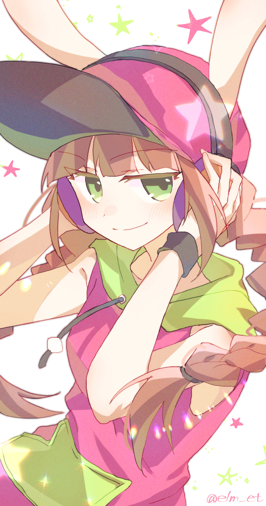 1girl, adjusting_headphones, animal_ears, black_wristband, braid, brown_hair, half-closed_eyes, headphones