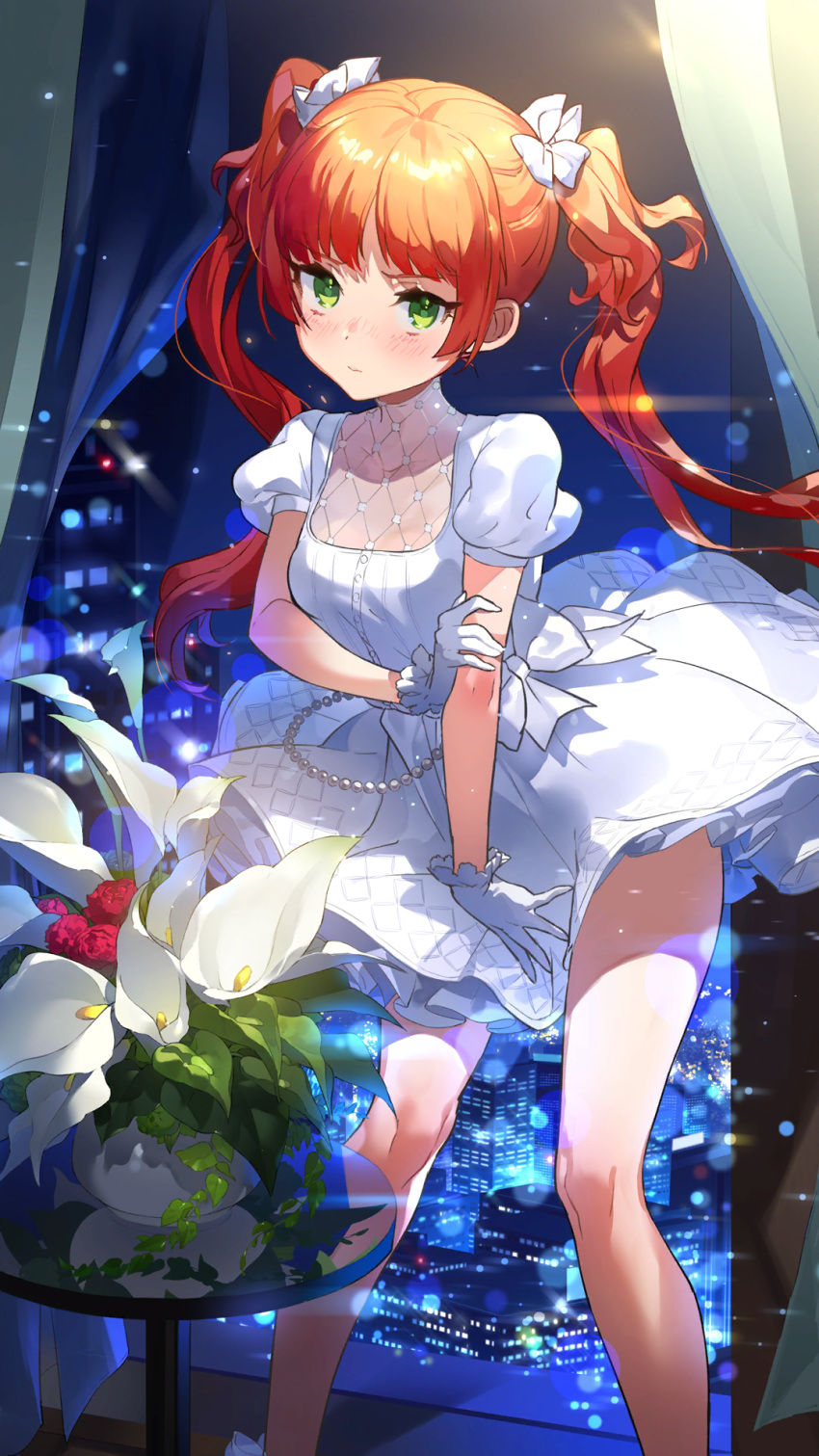 1girl, :/, bare_legs, blunt_bangs, blurry, blush, bokeh, bow