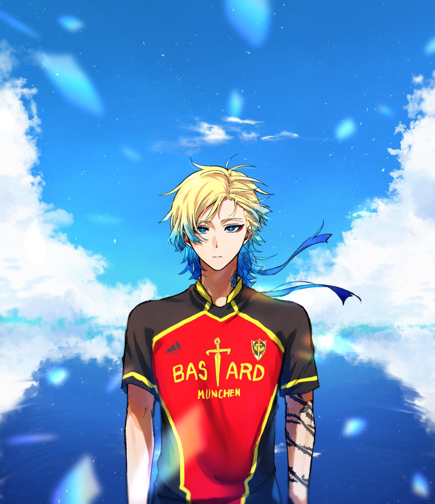 1boy, arm_tattoo, black_shirt, blonde_hair, blue_background, blue_eyes, blue_hair, blue_lock, blue_sky, closed_mouth, cowboy_shot, fun1_fn, gradient_hair, highres, looking_at_viewer, male_focus, michael_kaiser, multicolored_hair, neck_tattoo, red_shirt, shirt, short_sleeves, sky, solo, standing, tattoo, tsurime, two-tone_hair, two-tone_shirt