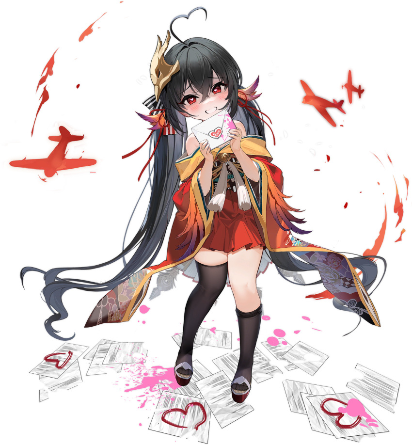1girl, aircraft, artist_request, asymmetrical_legwear, azur_lane, bare_shoulders, black_hair, black_thighhighs